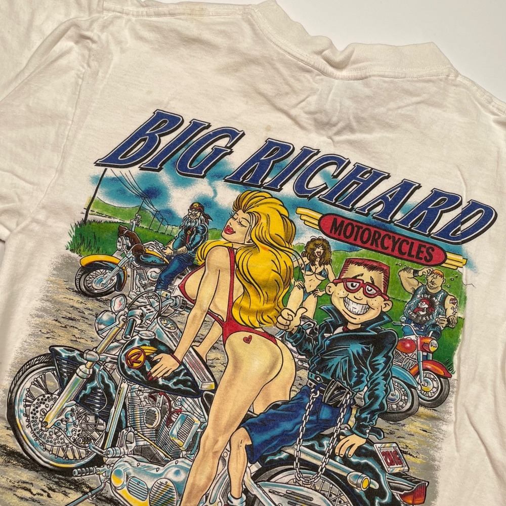 Vintage Tultex Big Richard Motorcycles T-Shirt Medium White Biker Graphic 90s